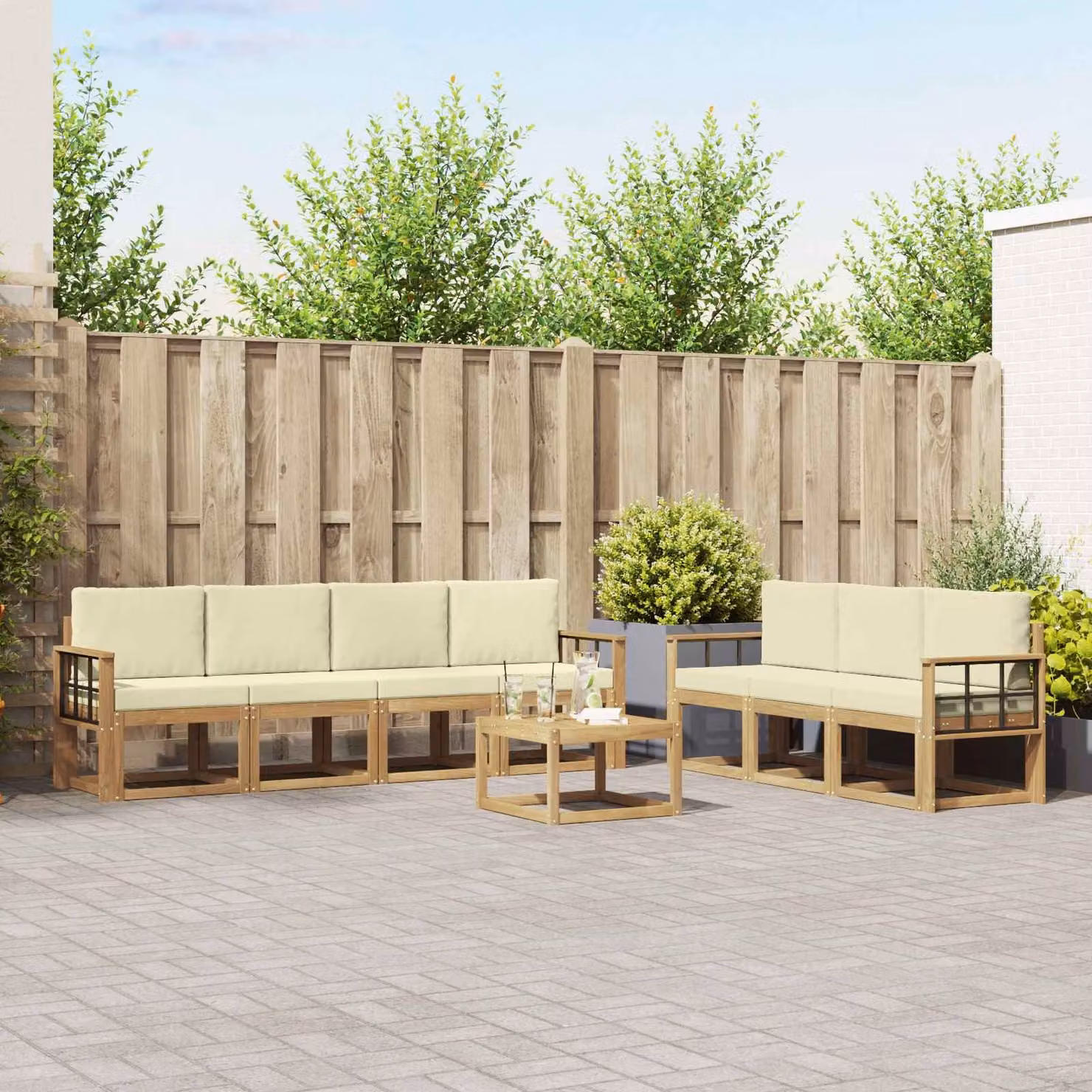 Set di divani da esterno vidaXL 7 pz in legno di acacia beige con cuscini inclusi