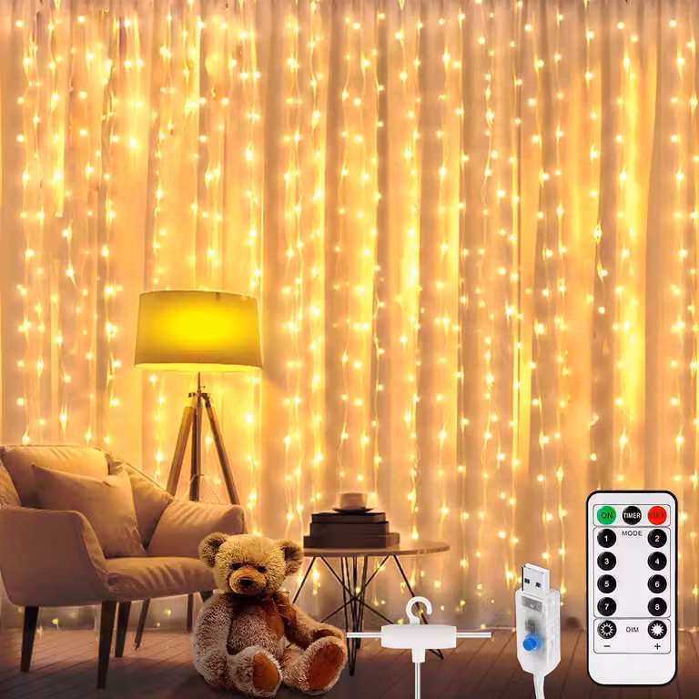 Tenda luminosa a LED, dimensioni 3x2 metri, 200 LED bianco caldo, 8 modalità, alimentazione USB, grado di protezione IP67