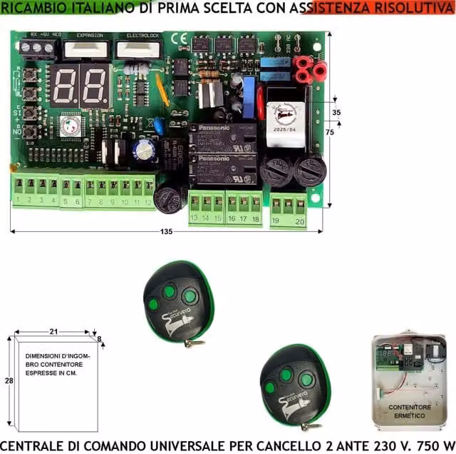 Quadro Comando per Cancello a 2 Ante 230 V con 2 Radiocomandi e Funzioni Programmabili Securvera Verde