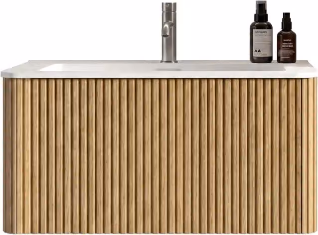 Mobile sottolavabo ULEVR 80 cm con lavabo in solid surface, cassetti push-to-open e finitura rovere