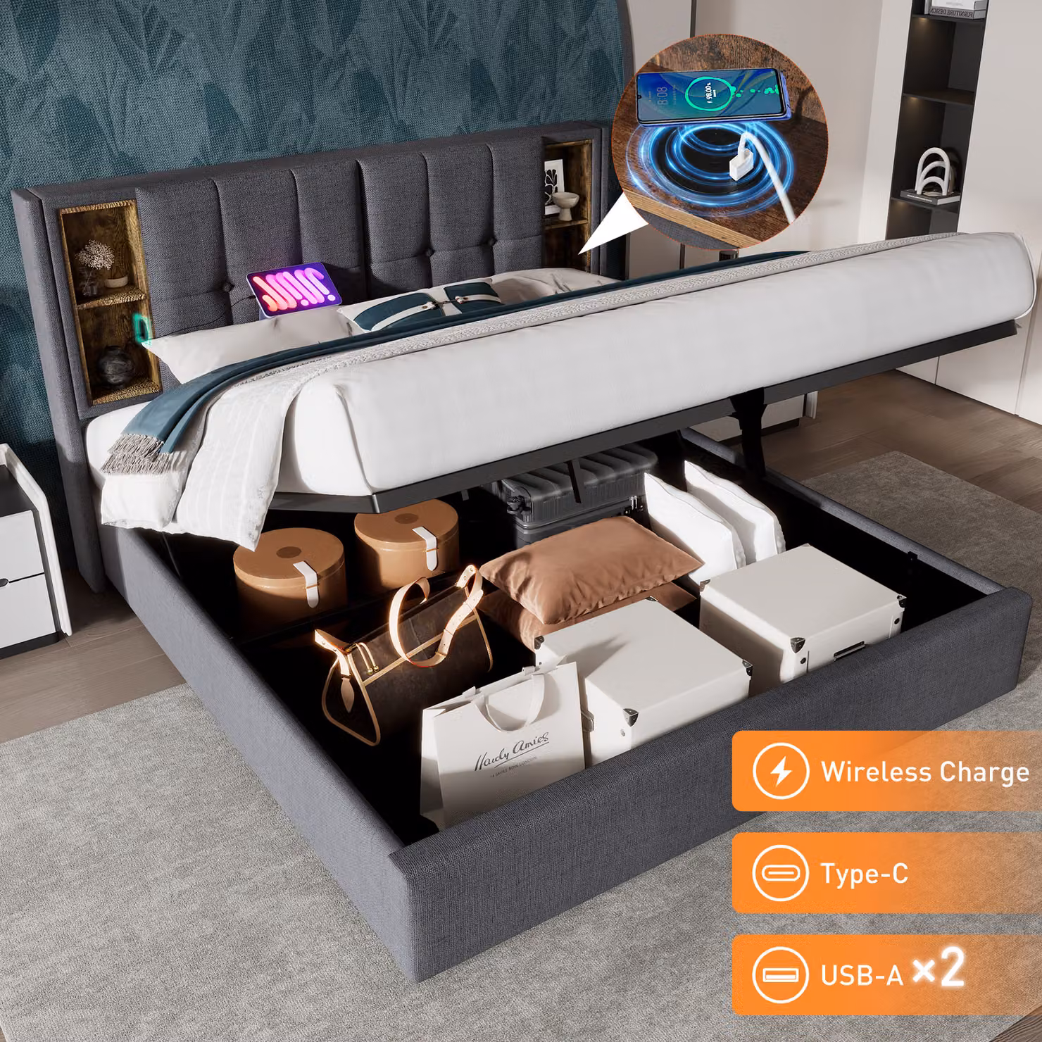 Letto matrimoniale Sweiko con ricarica wireless USB C, rete imbottita 180x200cm, rete con contenitore a doghe in legno-cotone grigio (senza materasso)