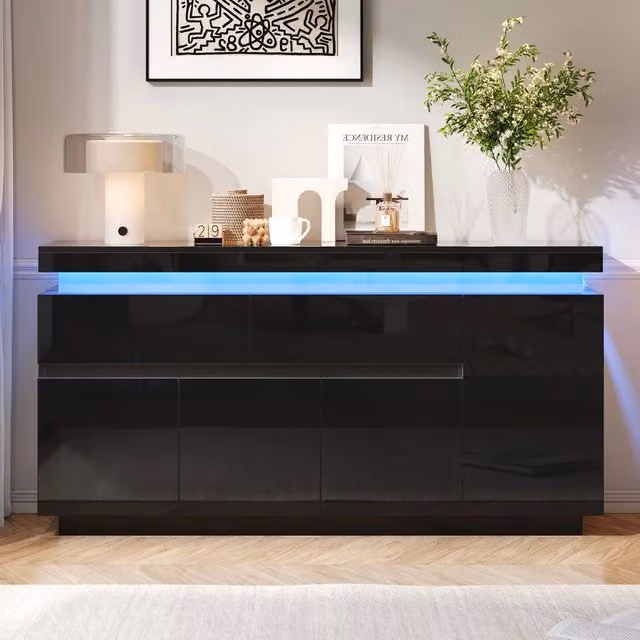 Credenza nera lucida mobile soggiorno 140 cm con illuminazione LED ante e cassetti