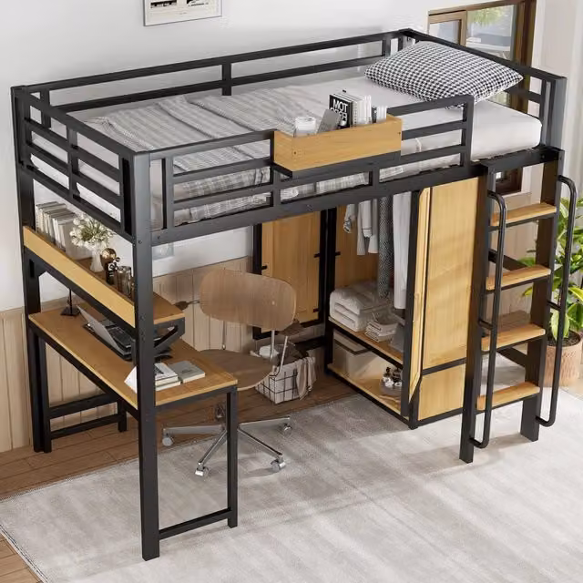 Letto a soppalco singolo 200×90 cm con armadio, scrivania, ripiani e scala, senza materasso, metallo e MDF nero naturale
