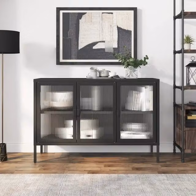 Credenza Nera 105x35x70 cm Vetro e Acciaio 353002