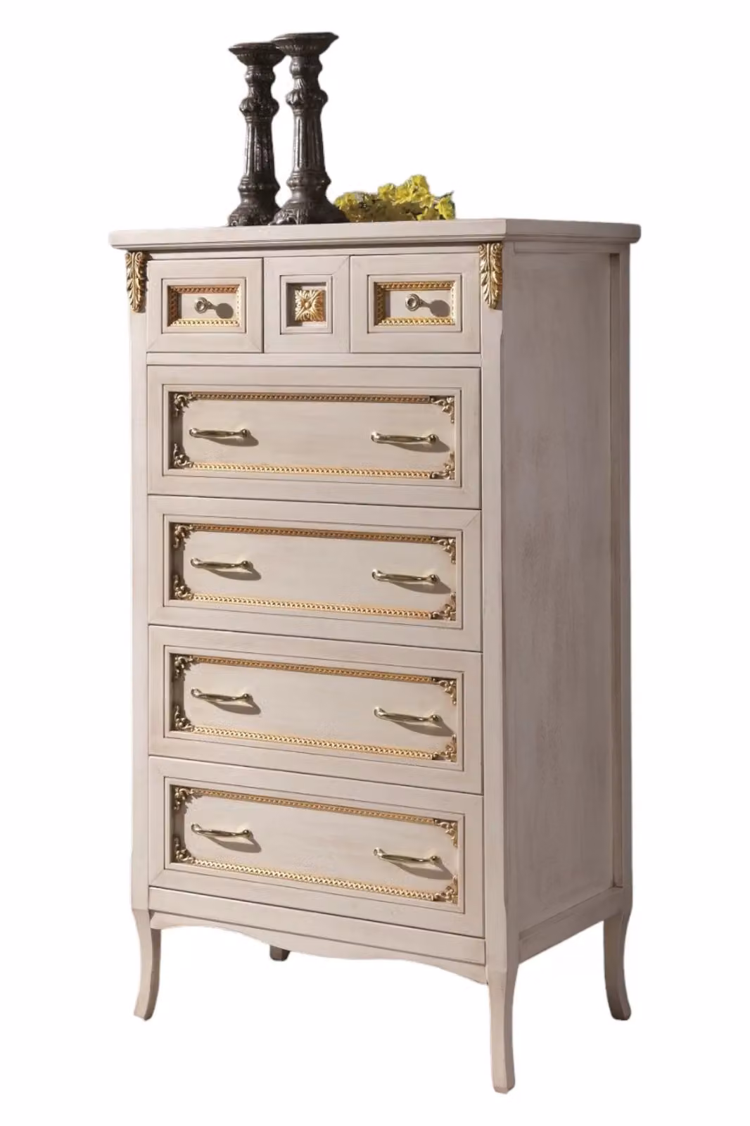 Cassettiera classica in legno bianco invecchiato e oro Mobili 2G L: 79 cm, P: 50 cm, H: 144 cm – 1