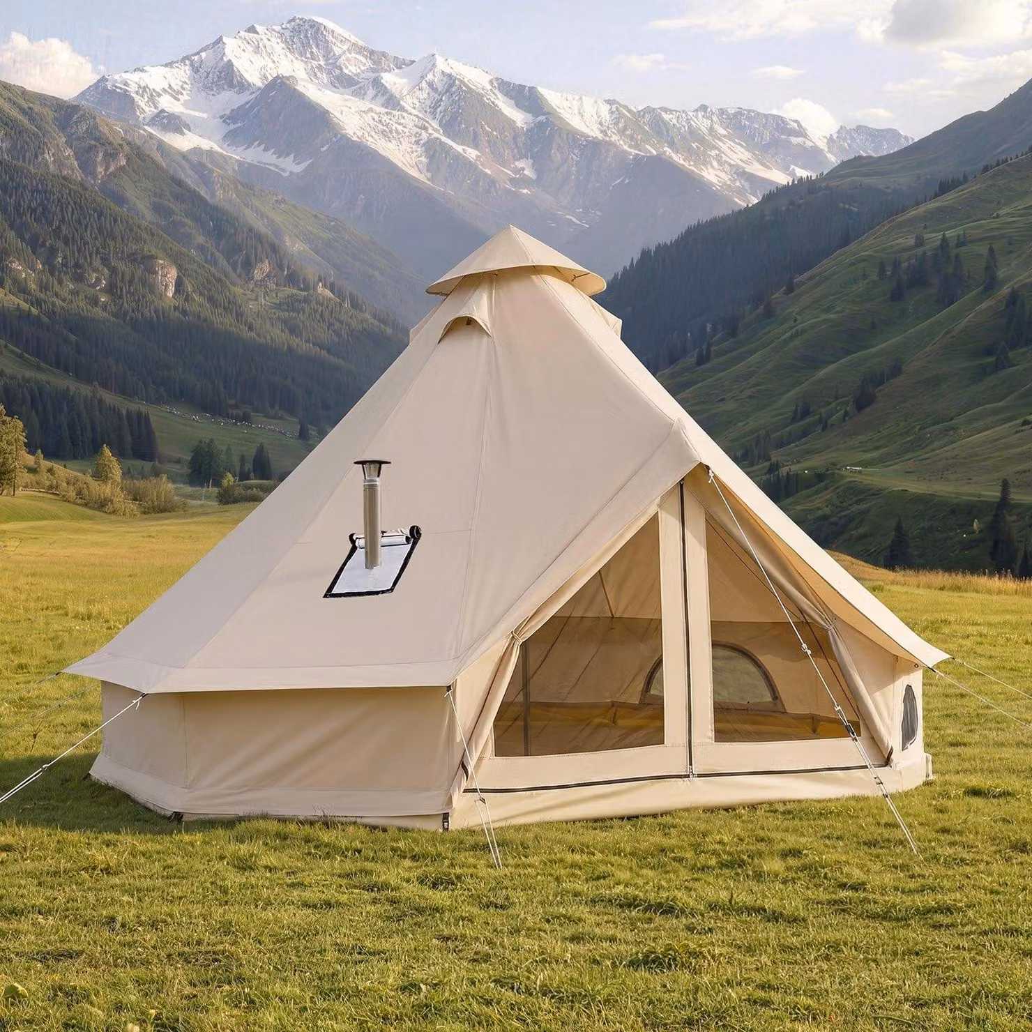 Tenda a campana - 3 metri. Tenda yurta - adatta a tutte le stagioni - con passaggio per canna fumaria - pavimento removibile con cerniera - per un massimo di 3 persone - realizzata in resistente tessuto Oxford - colore beige