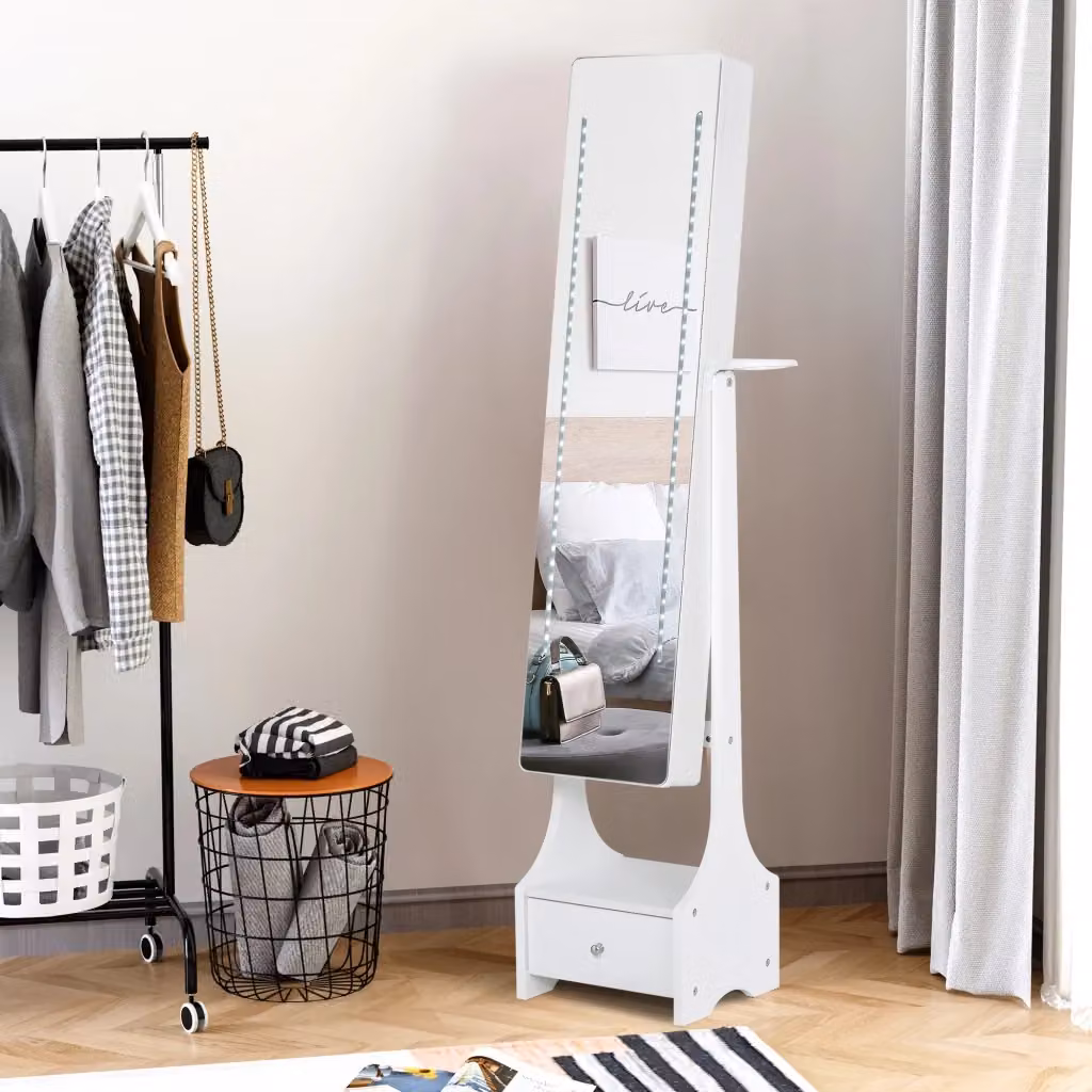 Armadio per gioielli Minimal con specchio a figura intera, cassetto e appendino, Bianco, L: 37 cm, P: 30 cm, H: 158 cm – 2