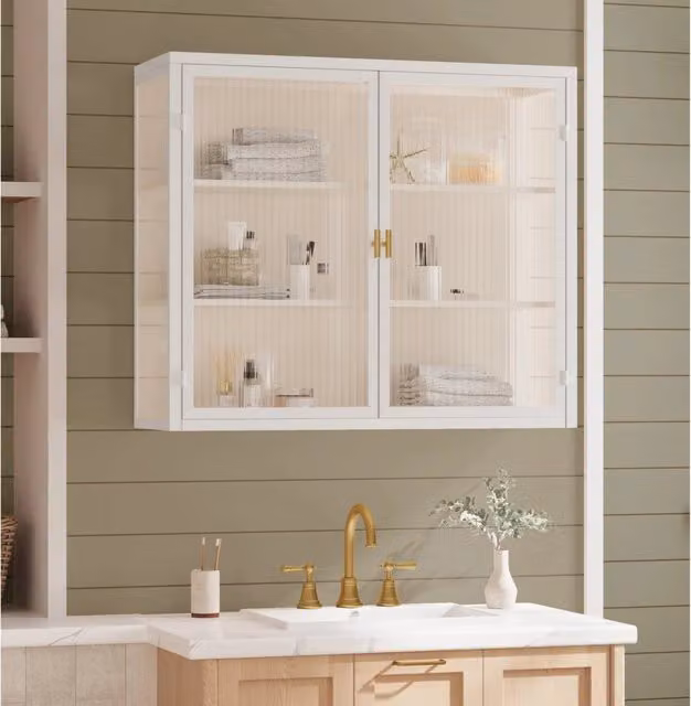 Armadietto 70x23x60 cm a 2 ante con ripiani removibili in metallo e vetro temperato bianco