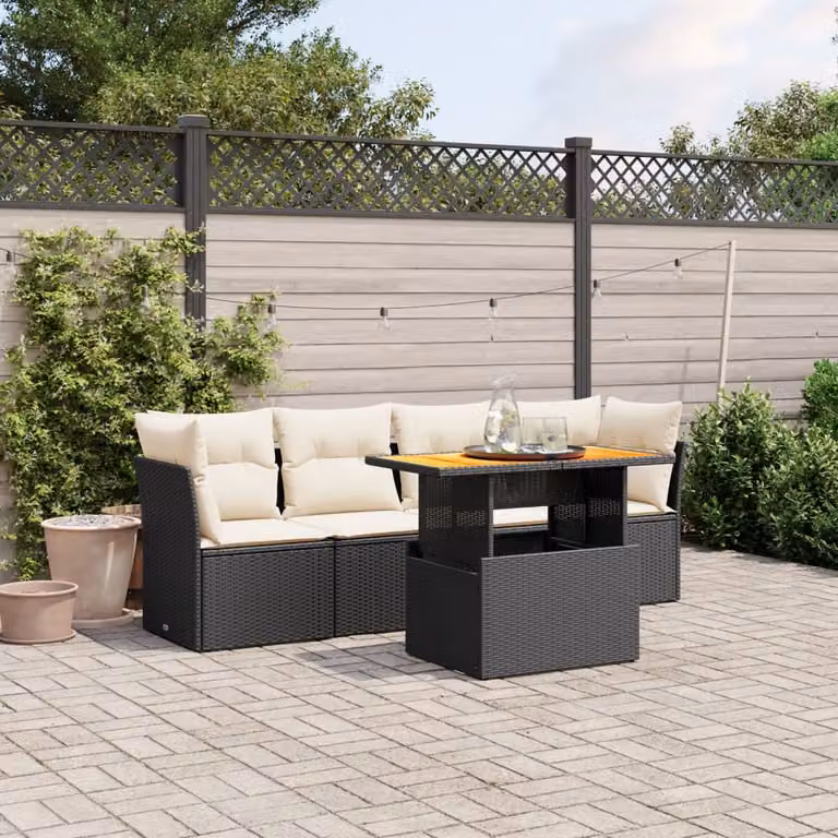Set di divani da giardino vidaXL 5 pezzi in polyrattan nero con cuscini e tavolino da esterno