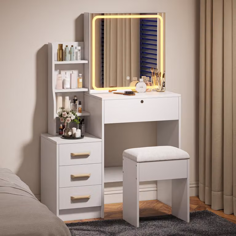 Tavolino da trucco bianco UnboxG con specchio illuminato a LED e sgabello, tavolino cosmetico con 4 cassetti e ripiani aperti, ideale per camera da letto e cabina armadio