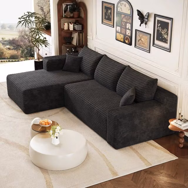 Divano angolare modulare 241x151x58 cm; divano effetto nuvola con seduta profonda; stile minimalista; consegnato montato; velluto a coste; nero