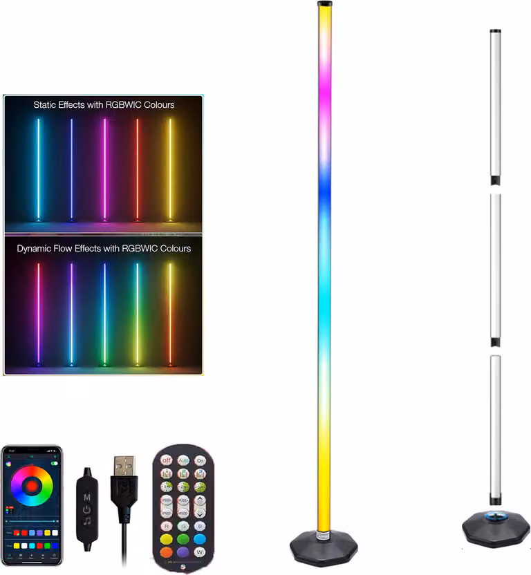 Lampada da terra a LED RGB angolare con sincronizzazione musicale, barra luminosa da 125 cm, altezza regolabile, con app e telecomando, 16 milioni di colori e oltre 213 modalità di scena