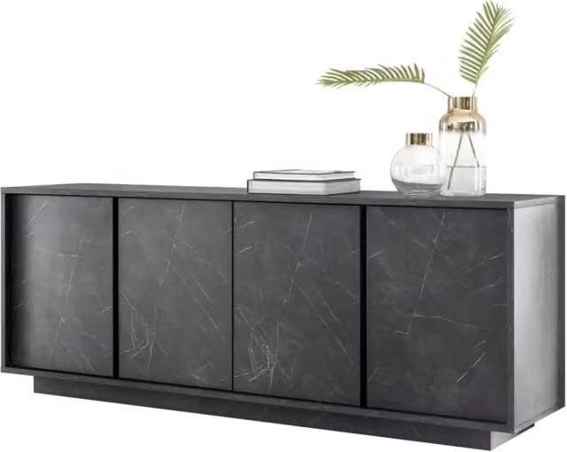 Buffet 4 porte, collezione COLOMARMO, colore nero effetto marmo, ideale nel vostro soggiorno o sala da pranzo.