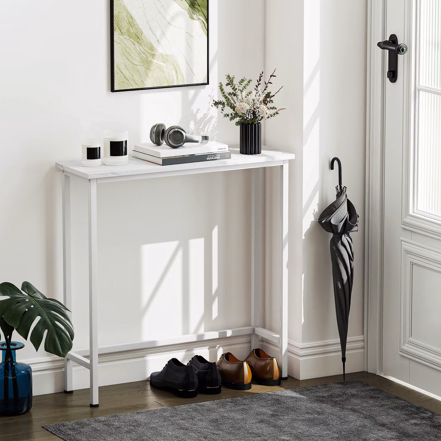 Tavolo Console HOMCOM Bianco con Piano Effetto Marmo e Piedini Regolabili L/P/H: 75 x 24 x 76 cm – 2