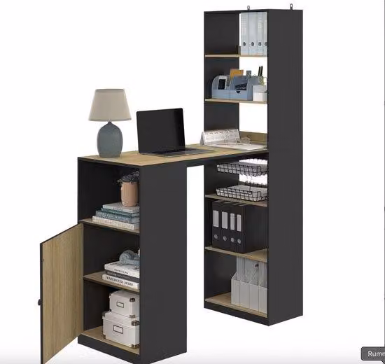 Scrivania con contenitori neri e color legno – alta qualità – materiali sostenibili – design elegante – adatta all’uso quotidiano – look moderno – comfort e funzionalità in un unico prodotto