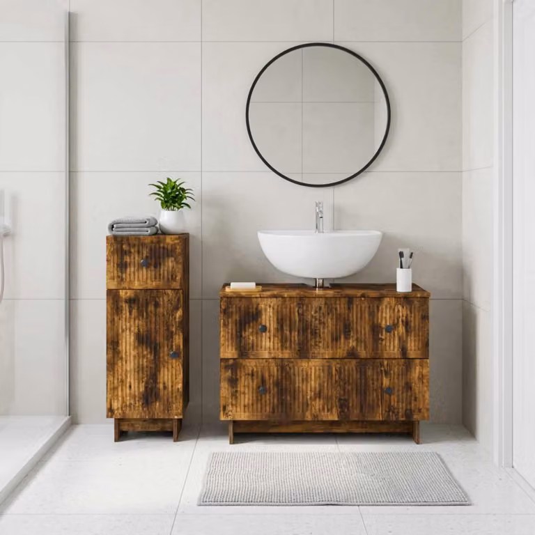 Set di mobili da bagno vidaXL EDE composto da mobile lavabo e armadietto laterale in legno Rovere Fumo marrone, design moderno con ante a cerniera e ripiani interni