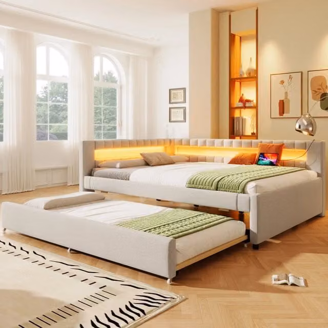 Letto giorno, divano letto 140x200 cm con striscia LED a fine letto, letto estraibile, USB e Type-C - Lino, beige, senza materasso