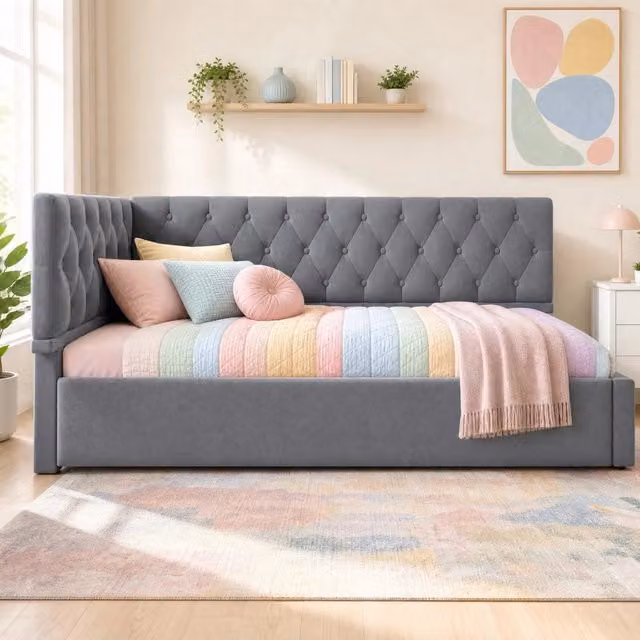 Letto da giorno ULEVR 90x200 cm con contenitore idraulico e testiera reversibile, rivestimento in velluto grigio