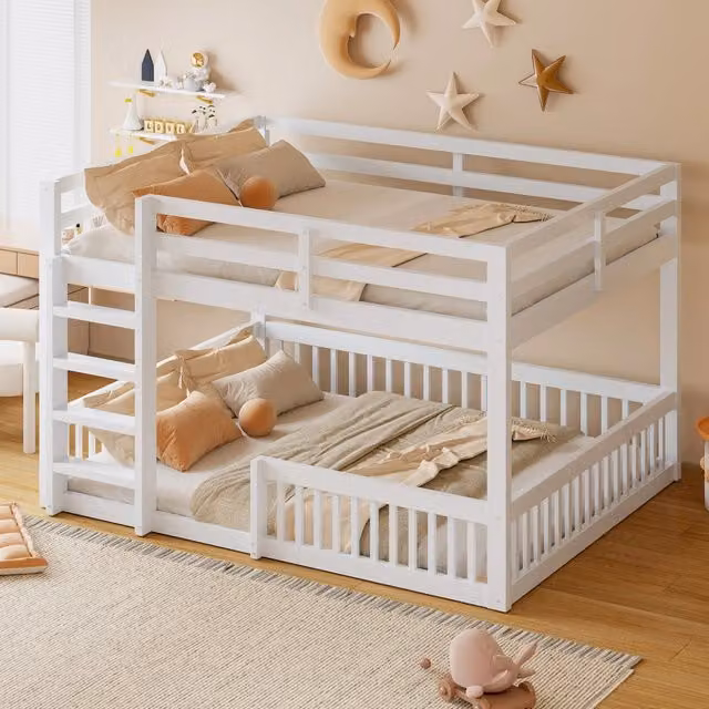 Letto a castello 160x200 cm bianco in pino e MDF con sponde di protezione
