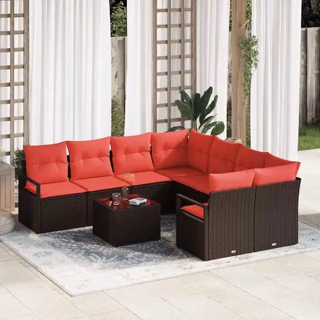 Set di divani 9 pz 8-Numero di posti Beige e Rosso polyrattan 3354993