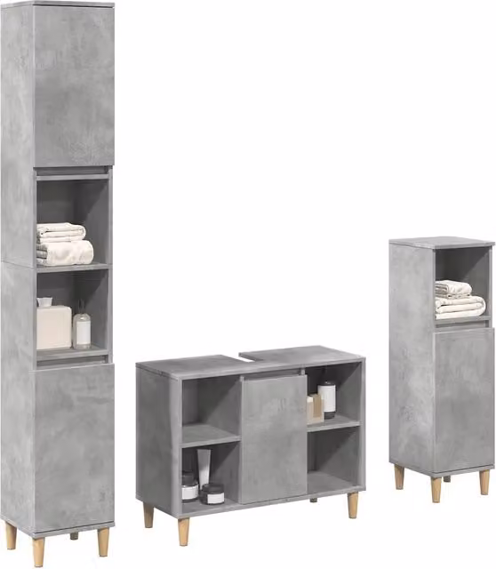 Set di mobili da bagno vidaXL in legno 3 pezzi grigio opaco composto da mobile lavabo, colonna alta e mobile laterale sospeso
