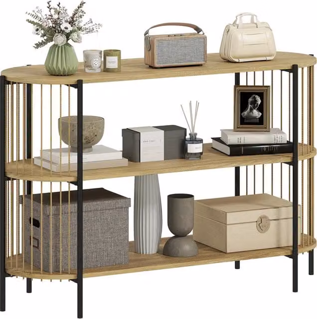 Tavolo consolle stile bohemien Xylo in carta intrecciata naturale e telaio in acciaio, colore beige/marrone, L: 124 cm, P: 43,5 cm, H: 80 cm
