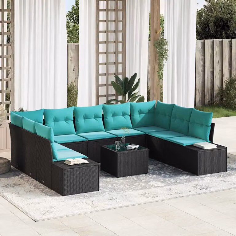 Set Divano da Giardino vidaXL 10 Pezzi Moderno a Forma di L con Tavolino e Cuscini in Polyrattan Nero