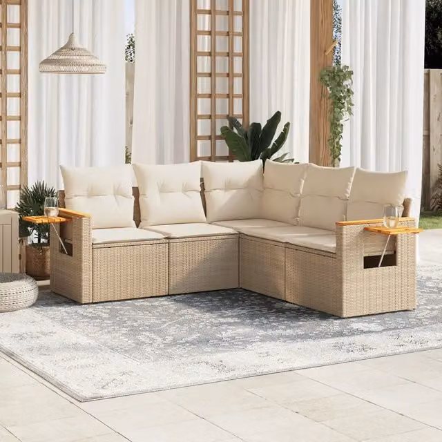 Set Divano da Giardino a L vidaXL in Polyrattan Beige con 5 Pezzi e Cuscini Removibili – 1