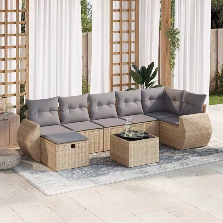 vidaXL Set Divano da Giardino 8 pz a Forma di L con Cuscini Beige e Tavolino, Polyrattan e Metallo