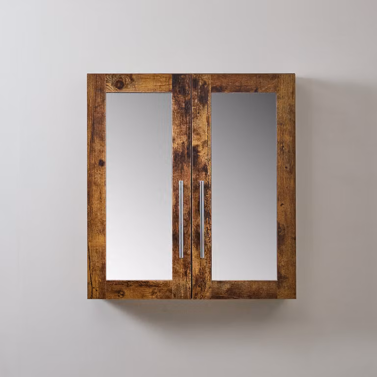 Mobiletto a Specchio da 900mm x 650mm Rovere Scuro - Completo di Maniglie Moderne a Barra Cromate - Cluo