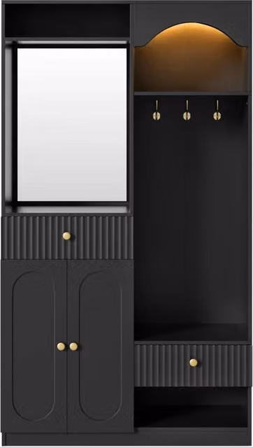 Guardaroba da ingresso moderno con panca, specchio, ganci e illuminazione LED multicolore, in MDF nero, L: 100 cm, P: 35 cm, H: 180 cm – 1