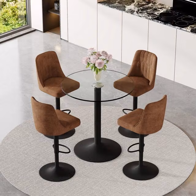 Tavolo Bar in Vetro Temperato 89 cm + 4 Sgabelli Girevoli ¨C MINIMAL ¨C Nero Metallo Tessuto