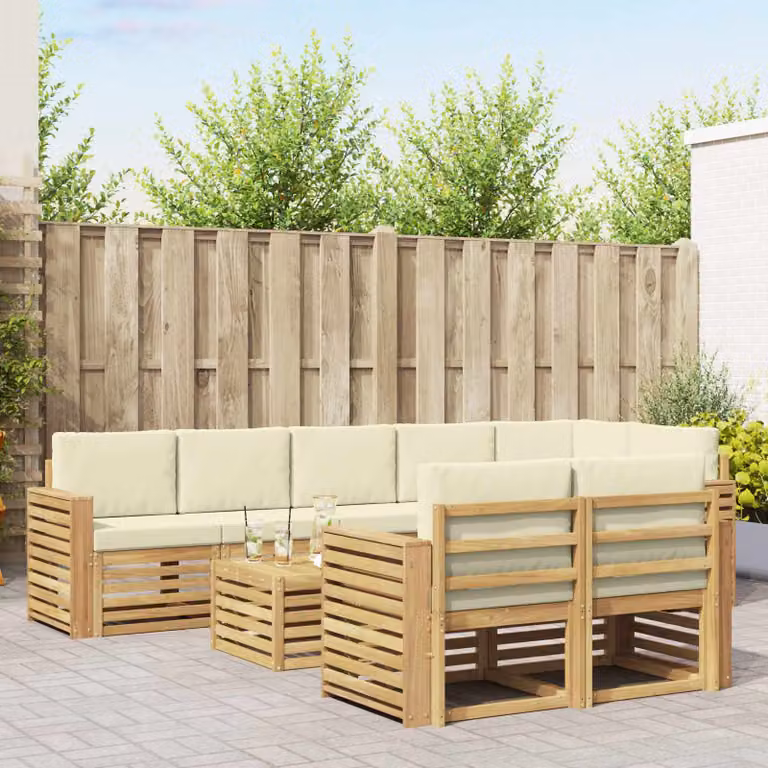 vidaXL Set di divani da esterno a L composto da 9 pezzi in legno di acacia con cuscini Bianco e Beige