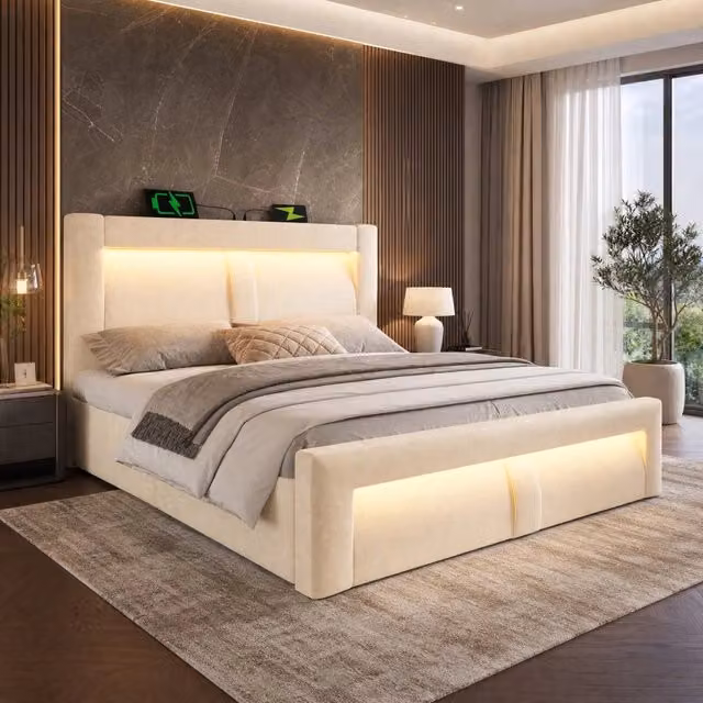 Letto matrimoniale REDOM in velluto beige con contenitore a sollevamento, illuminazione LED sottostante, porte USB e Type-C, L/P/H: 180 x 200 x 107 cm