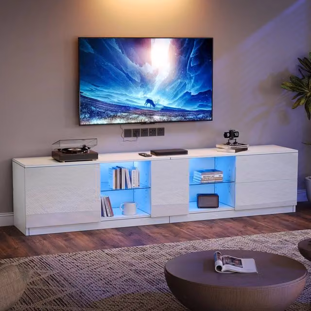 Mobile TV Mivray con LED, 2 cassetti e anta in MDF bianco lucido e vetro temperato, L 160 x P 40 x H 52 cm