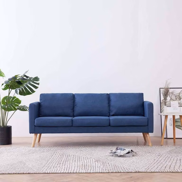 vidaXL Divano a 3 Posti Moderno in Tessuto Blu con Struttura in Legno e Cuscini Inclusi