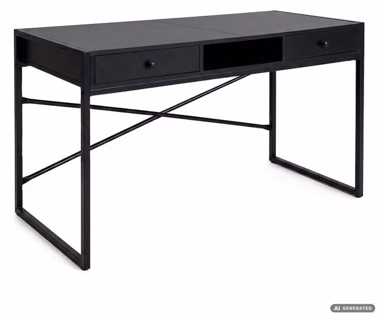 Scrivania industriale per computer Nera ELONIS 123 cm 2 cassetti 1 ripiano gambe nere