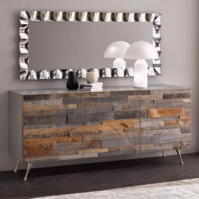 Madia contemporanea Mobili 2G con 3 ante in legno mosaico ash e gambe in acciaio, multicolore, L: 189 cm, P: 47 cm, H: 80 cm – 2