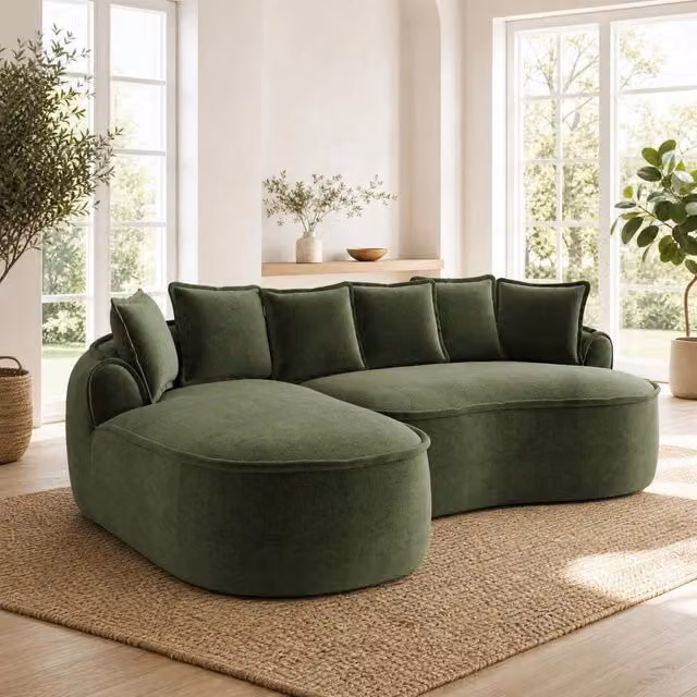 Divano modulare senza struttura in ciniglia con due moduli, seduta profonda, braccioli larghi e funzione letto verde