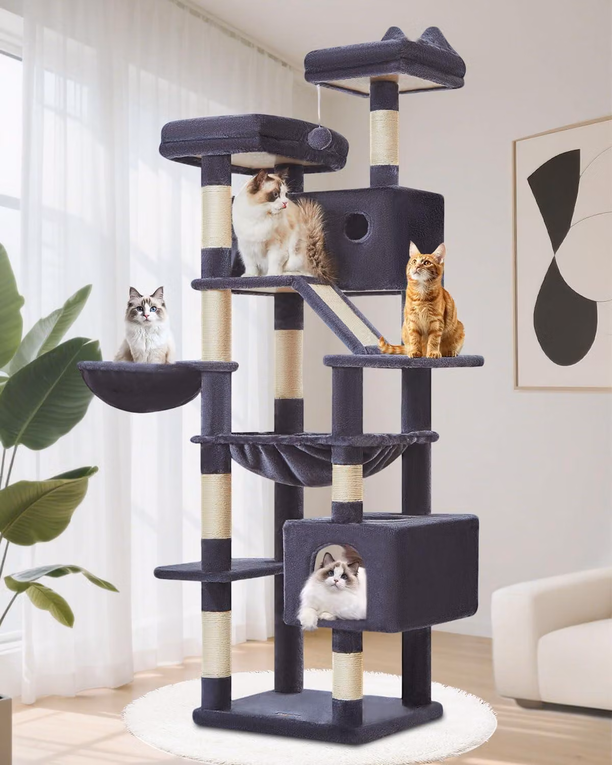 Albero per gatti, altezza 180 cm, 8 pali per graffiare, 2 piattaforme, 2 tane, amaca, cestino, per gatti