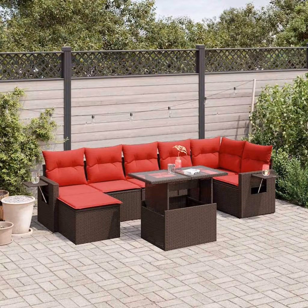 Set di divani da giardino vidaXL 8 pezzi in polyrattan marrone con cuscini e tavolino da esterno