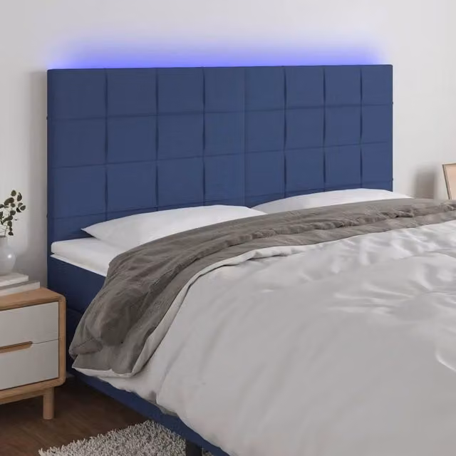 Testiera con LED Blu Design Mania in Tessuto con Porta USB L: 180 cm, P: 5 cm, H: 118-128 cm – 1