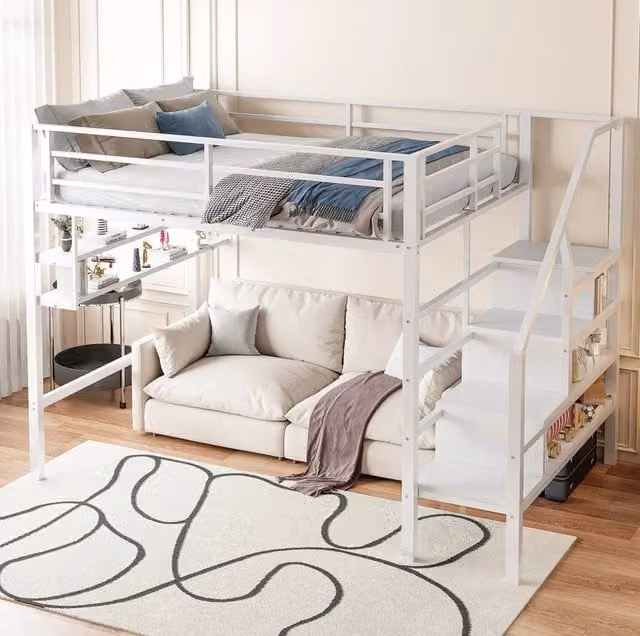 Letto a soppalco 140x200 cm bianco – con vani contenitore e sponde, senza materasso