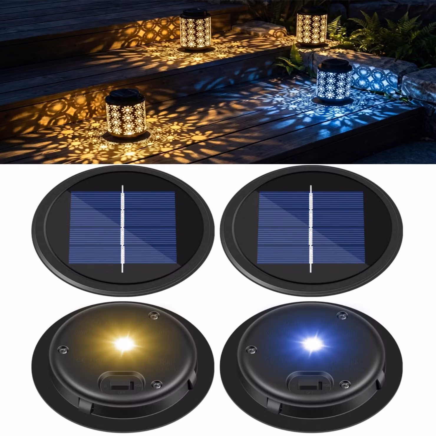 Ricambi per illuminazione solare, 9 cm, grado di protezione IP44, luce calda + RGB, lampade LED di ricambio, set da 4