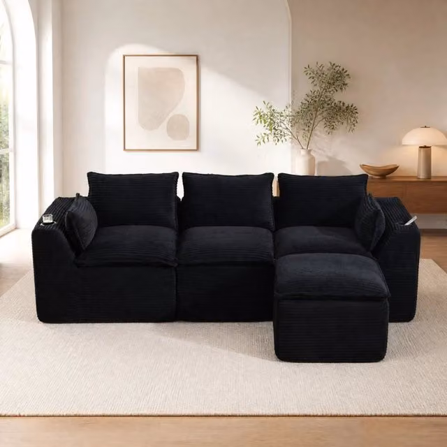 Divano modulare 3 posti 256x161x75 cm corduroy nero con poggiapiedi, per soggiorno –