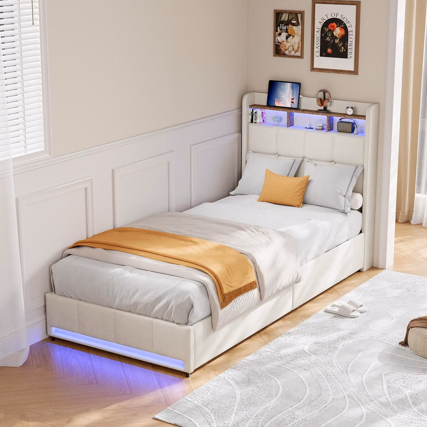 ProximaX Letto imbottito beige 90×200 cm - Con illuminazione LED, connessione USB e Type-C e 4 cassetti sotto il letto - Pratico e confortevole