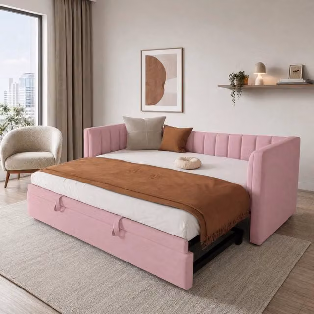 Letto da giorno moderno in velluto rosa con letto estraibile e cassetti L/P/H: 215 x 90 x 200 cm – 1