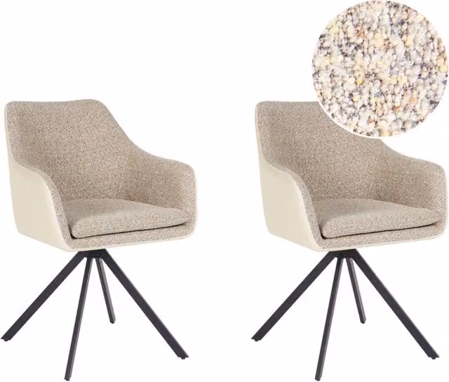 Set di 2 sedie in poliestere beige e finta pelle con gambe in metallo per la sala da pranzo