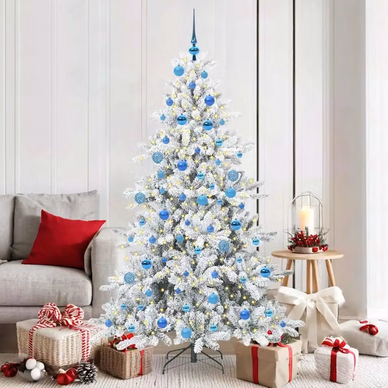Albero di Natale Artificiale Moderno vidaXL Bianco con Luci LED Warm White e Rami Pieghevoli in PVC e Metallo