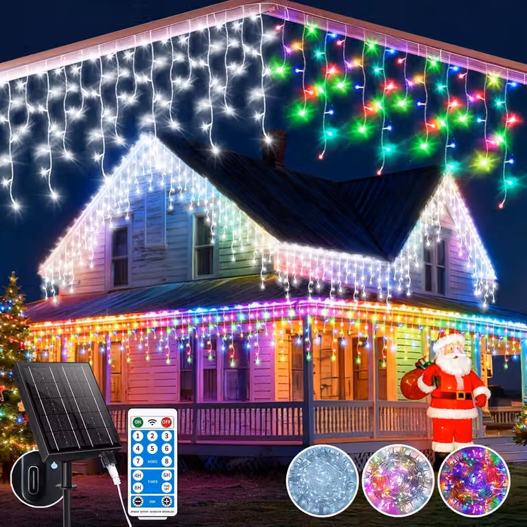 Catena luminosa solare da 30 metri con 800 LED a forma di cristalli di ghiaccio, 3 in 1, con timer
